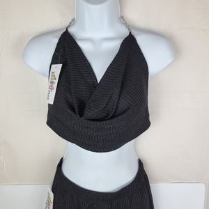 2 piece outfit black chain open back blouse w/ mini skirt nwt medium